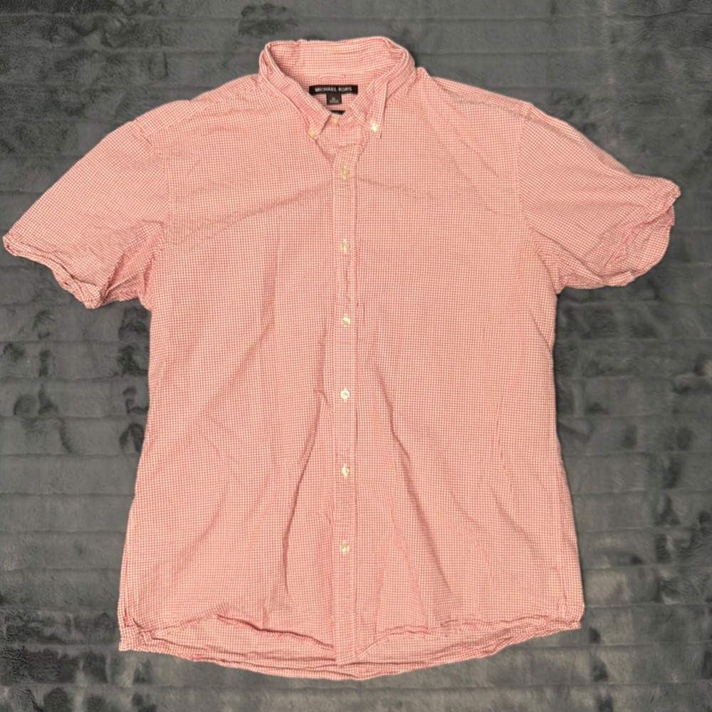 Michael Kors Mens XL Slim Fit Red White Gingham Short Sleeve Button Down Shirt